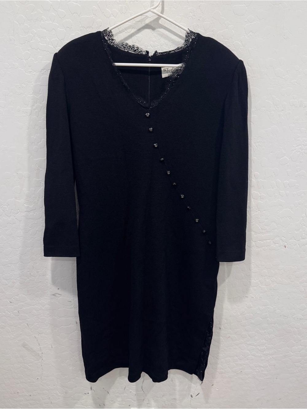 St. John Santana Knit Midi Dress Womens 10 Black Lace-Trim Formal Cocktail